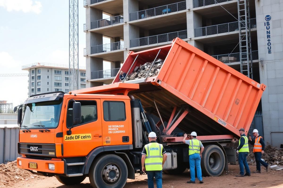 Caminhão Alfa Caçambas carregando caçamba em obra em BH